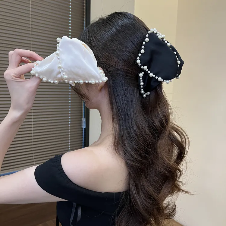 瑾乐新款法式轻奢珠珠氛围感三角抓夹高级百搭发夹优雅鲨鱼夹发饰