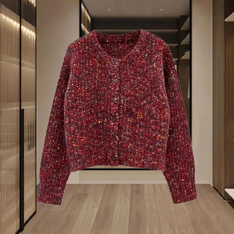 韩版气质针织开衫外套女2025年秋冬季新款设计感百搭圆领短款毛衣