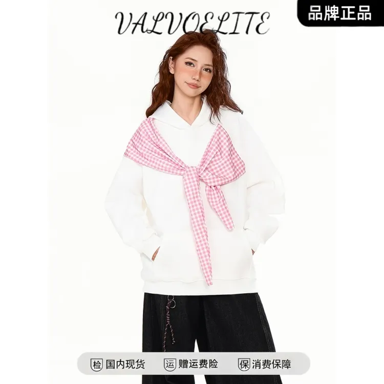 美式复古蝴蝶结格子绑带连帽卫衣2025秋季女情侣同款宽松百搭上衣