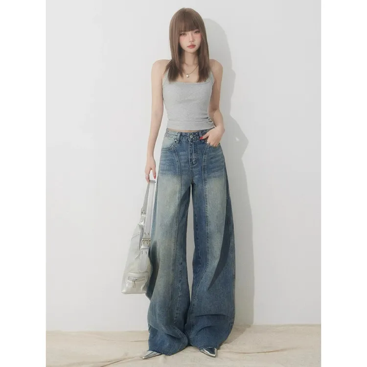弄格美式复古高腰阔腿牛仔裤女2025秋季新款拼接磨白宽松弯刀裤子
