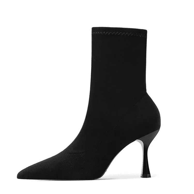 2025冬季新款短靴女高跟细跟尖头黑色弹力瘦瘦靴时尚百搭酒杯跟