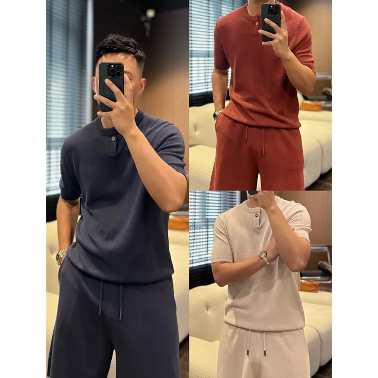 【棉麻针织混纺套装】夏季新款亨利领休闲度假风短袖短裤套装+3525