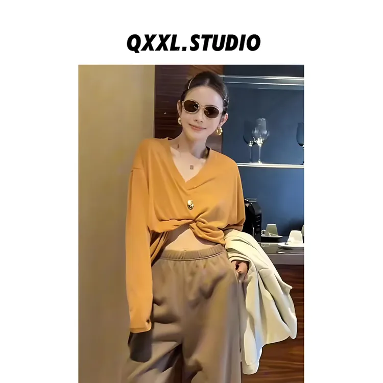 邱小小丽呀 早秋v领纯色长袖T恤罩衫女中长款百搭慵懒薄款上衣