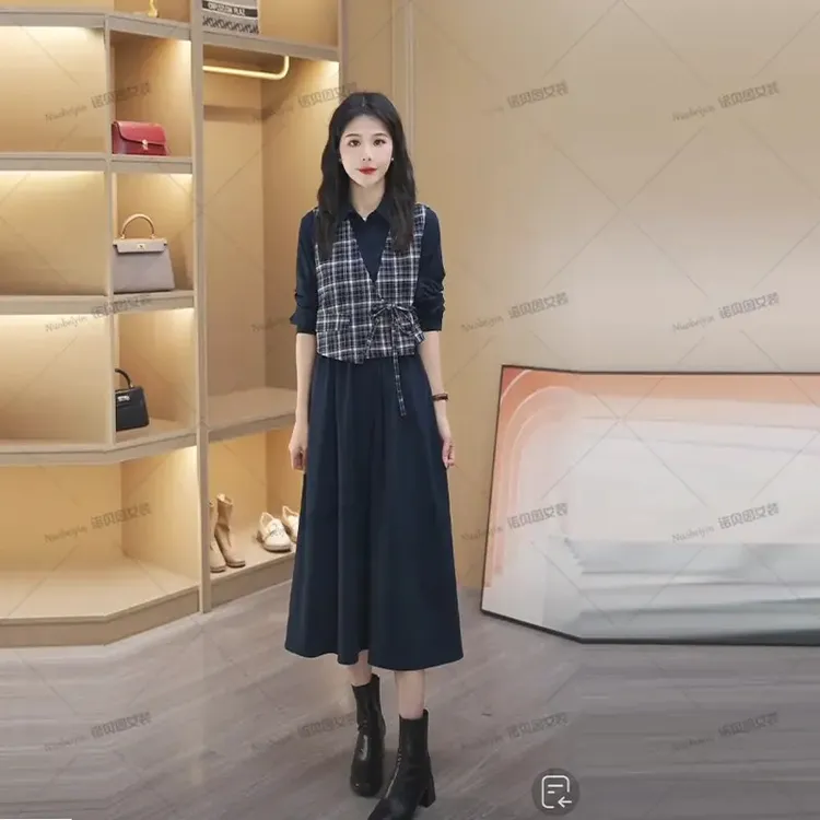 nuobeiyin/诺贝因秋季女秋复古气质洋气连衣裙两件套 NNBY660840