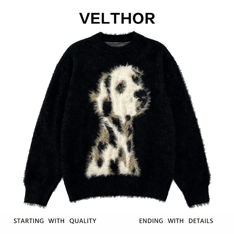 男士毛衣秋冬新款轻奢痞帅男装潮流卡通小狗设计圆领宽松针织上衣