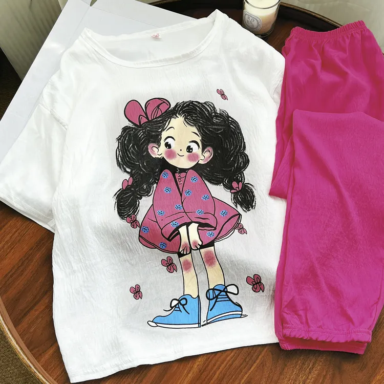 带胸垫一体睡衣女套装夏季韩版宽松可外穿胸垫学生宿舍家居服套装