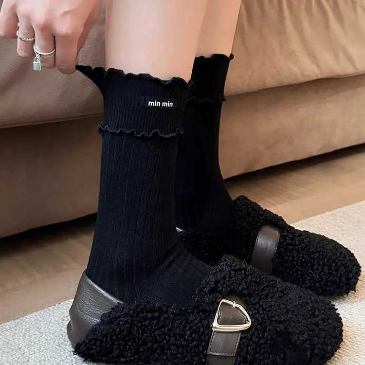 miu系木耳边袜子女春秋款纯棉中筒袜2025新款日系堆堆袜秋冬花边