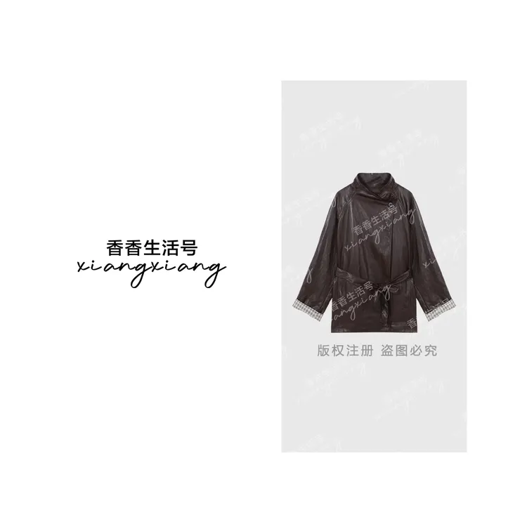 【香香专属】”廓形复古“琥珀流光系带收腰皮衣女秋季设计感外套8863