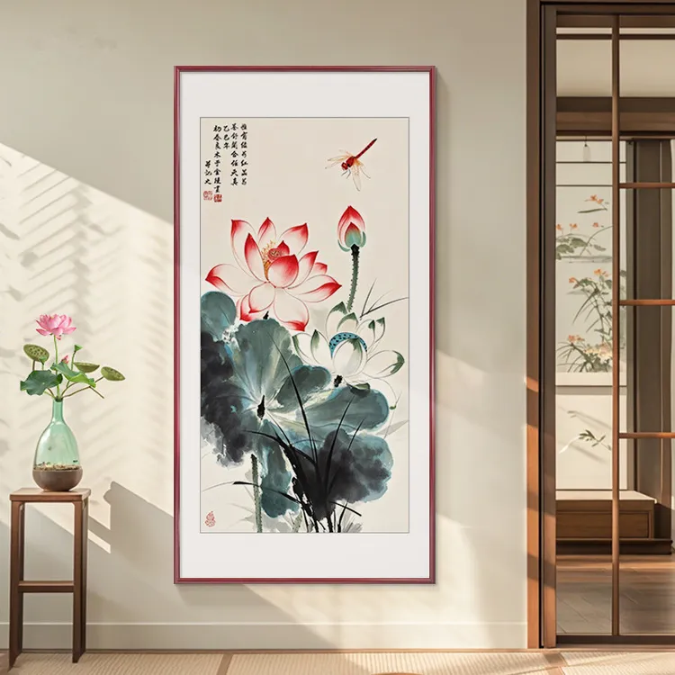 新中式荷花九鱼图装饰画玄关画入户正对门水墨画国画壁画竖版挂画