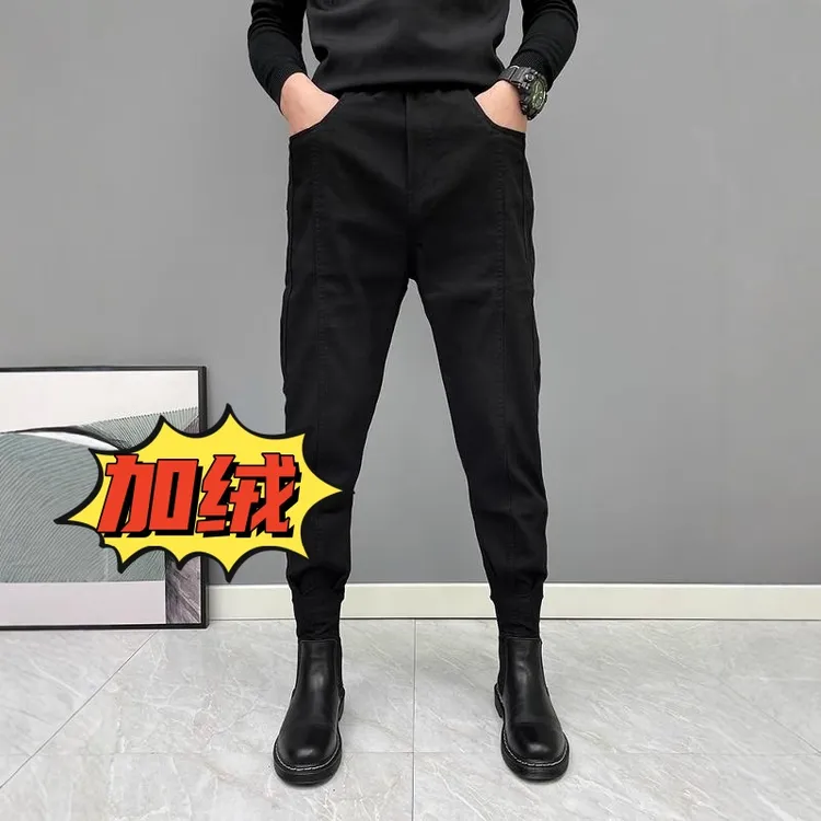 秋季男士百搭修身束脚长裤休闲九分裤子男薄款黑色运动哈伦裤子