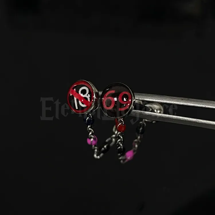 钛钢耳饰 Eternal红色暗黑风数字链条舌钉双头可拆卸钛钢穿刺饰品