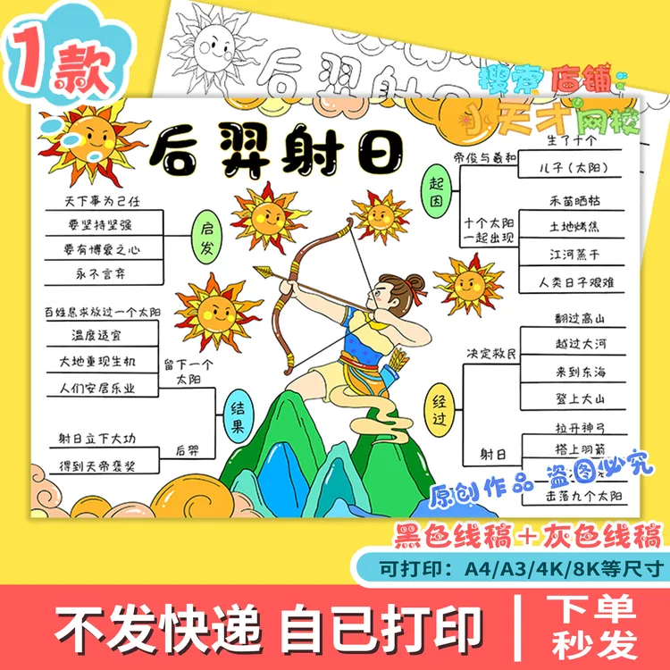 中国古代神话故事后羿射日思维导图羿射九日线稿电子版f386