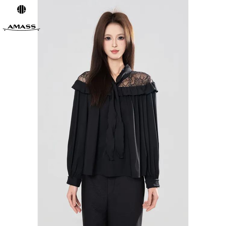 AMASS/阿玛施早春新款气质蕾丝镂空百搭时尚衬衫女-附领带 530140