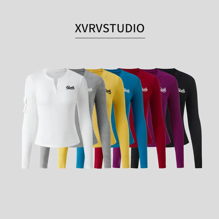 XVRV【秋上新】2025小V领运动绣花长袖T恤女工装口袋简约百搭女上衣