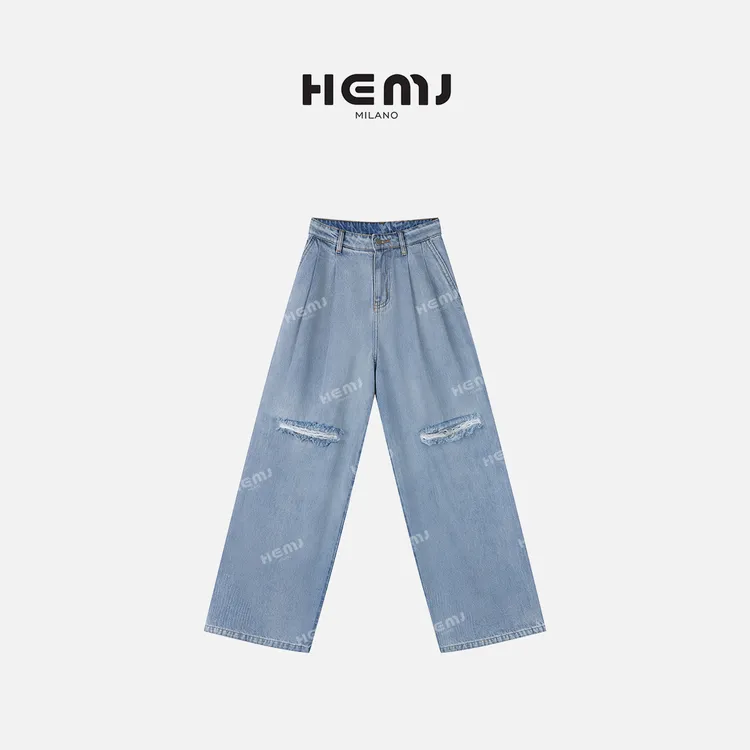 HEMJ 和梦洁"素律"100棉破洞设计感水洗百搭高腰牛仔裤 MD1A0144