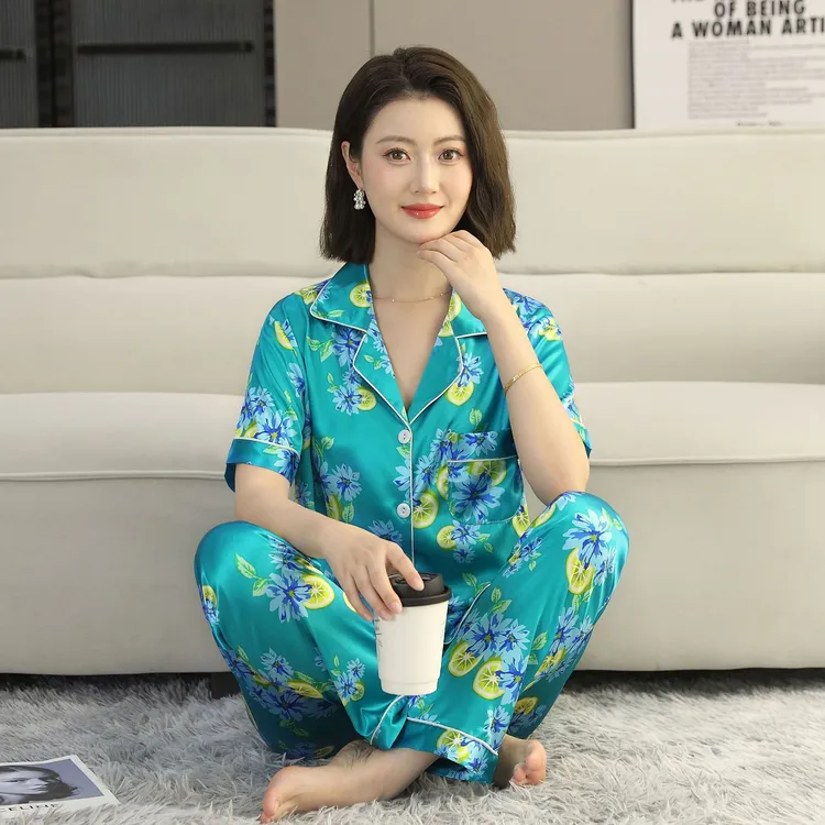 2025新款冰丝睡衣女夏长袖三件套装海盐柠檬可外穿家居服代发批发