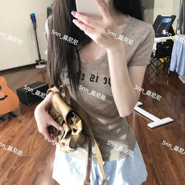 持续心动 V领字母T恤女修身收腰显瘦时尚体恤印花短袖上衣8434