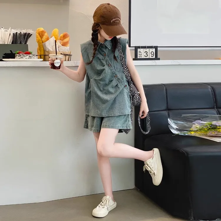 女童夏装套装2025新款儿童洋气中大童夏季穿搭复古薄款牛仔两件套
