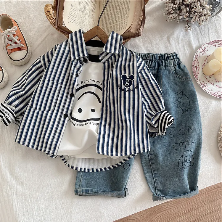 条纹春秋长袖学院风男休闲风衬衫牛仔男宝春装小童男童套装