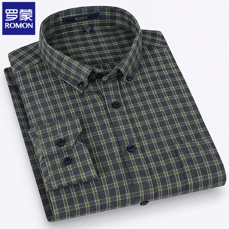 罗蒙纯棉衬衫男士长袖衬衣商务休闲时尚百搭寸衫全棉磨毛格子衬衣