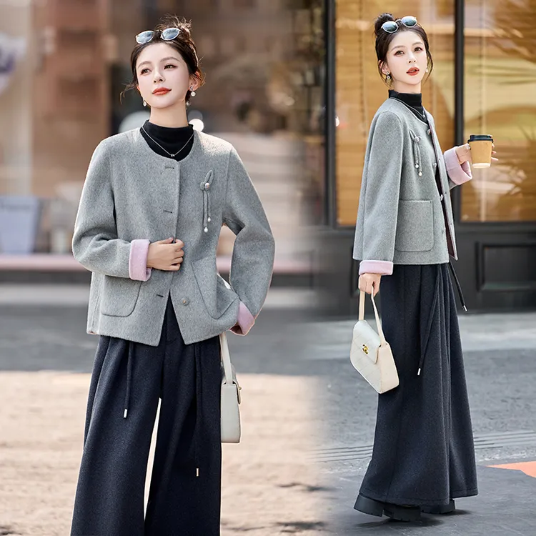 小香风双面羊绒大衣女短款2025秋冬新款蝴蝶结圆领高级感毛呢外套