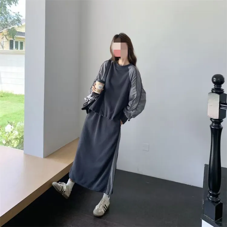 大码胖MM时尚套装时尚百搭秋冬圆领韩版早秋中长款气质拼接套装