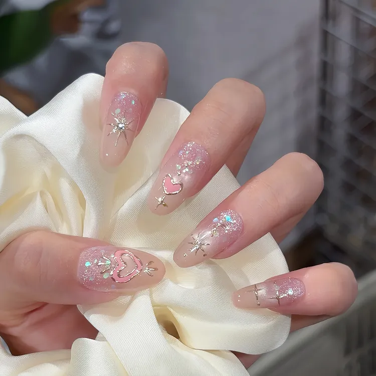 纯手工【甜星】鎏金手绘星月亮片渐变猫眼裸粉百搭通勤穿戴甲