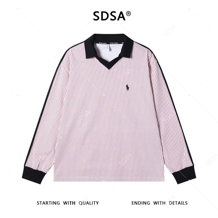 SDSA男士秋冬新款痞帅男装美式撞色竖纹拼接翻领刺绣标百搭T恤潮