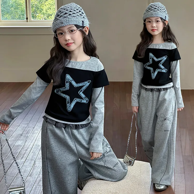 女童秋季休闲风圆领长袖森系2025新款春秋五角星假两件卫裤套装
