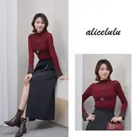 [alicelulu]时尚优雅半高领喇叭袖修身百搭打底衫S2144920T