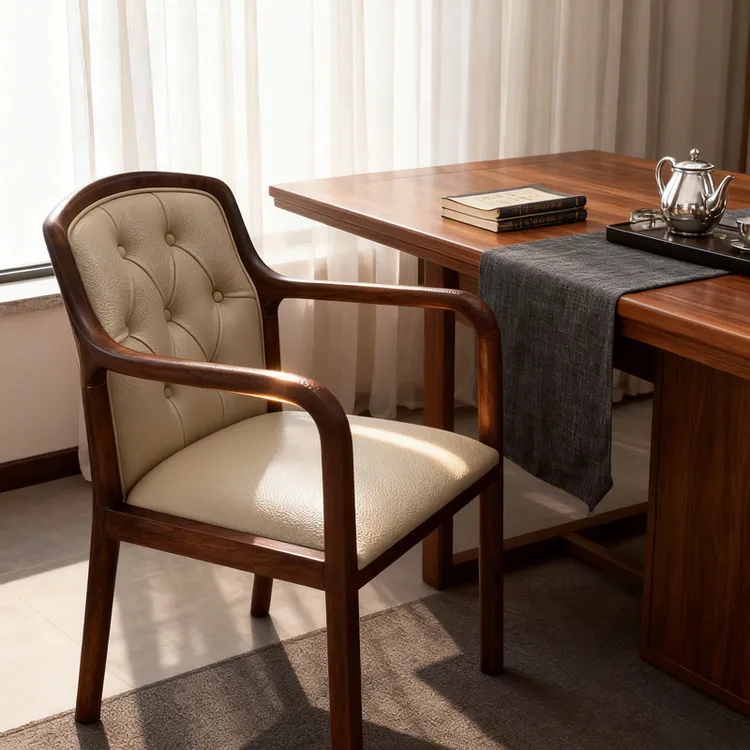 北欧实木真皮椅子轻奢中式简约靠背椅家用书桌椅主位椅极简茶椅
