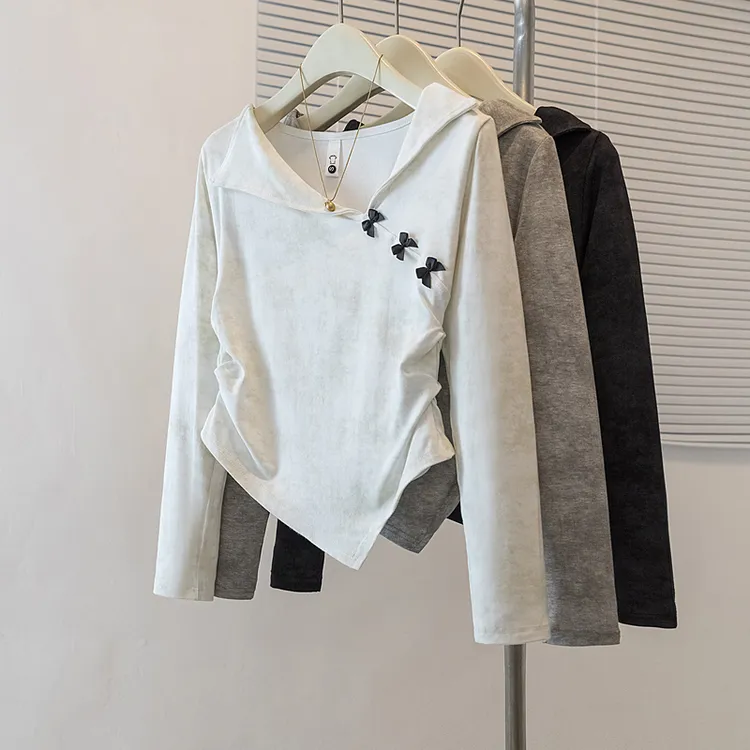 大码女装胖mm新款秋冬扎染翻领收褶蝴蝶长袖t恤显瘦遮肉爆款上衣