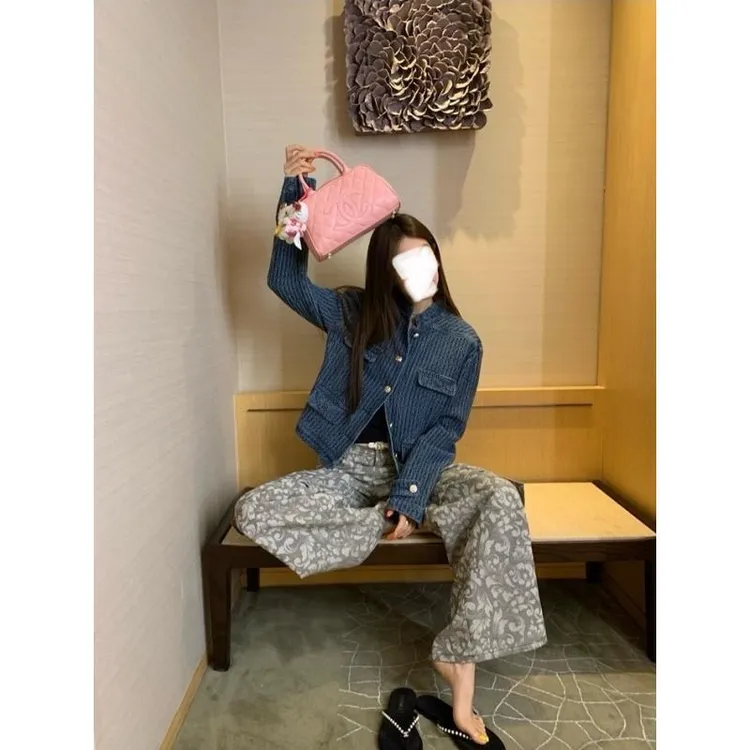 老钱调小众肌理感牛仔外套H型复古小香风立领夹克潮牌百搭AM25929