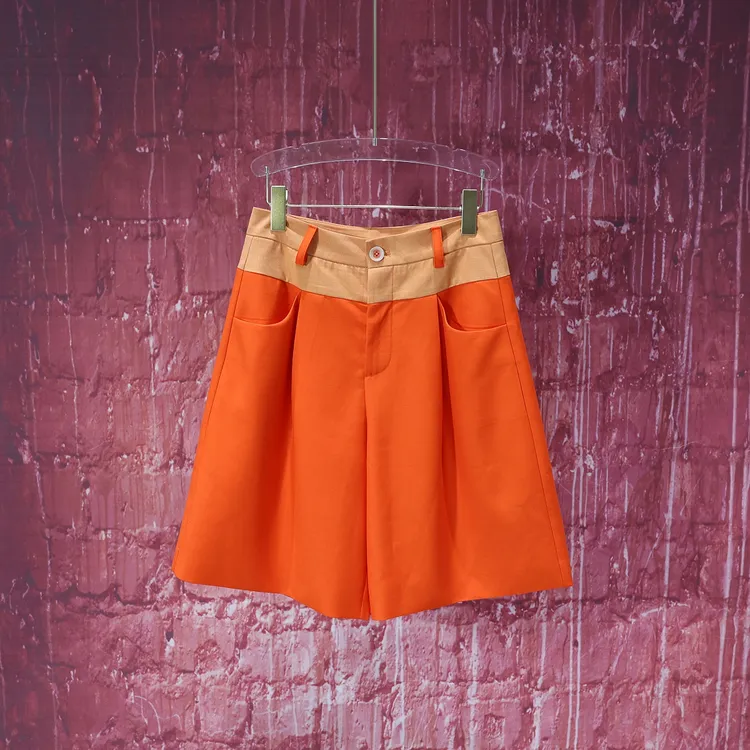 【LIANG哥女装】2025小众设计欧版暖阳橙撞色拼接休闲短裤7132A