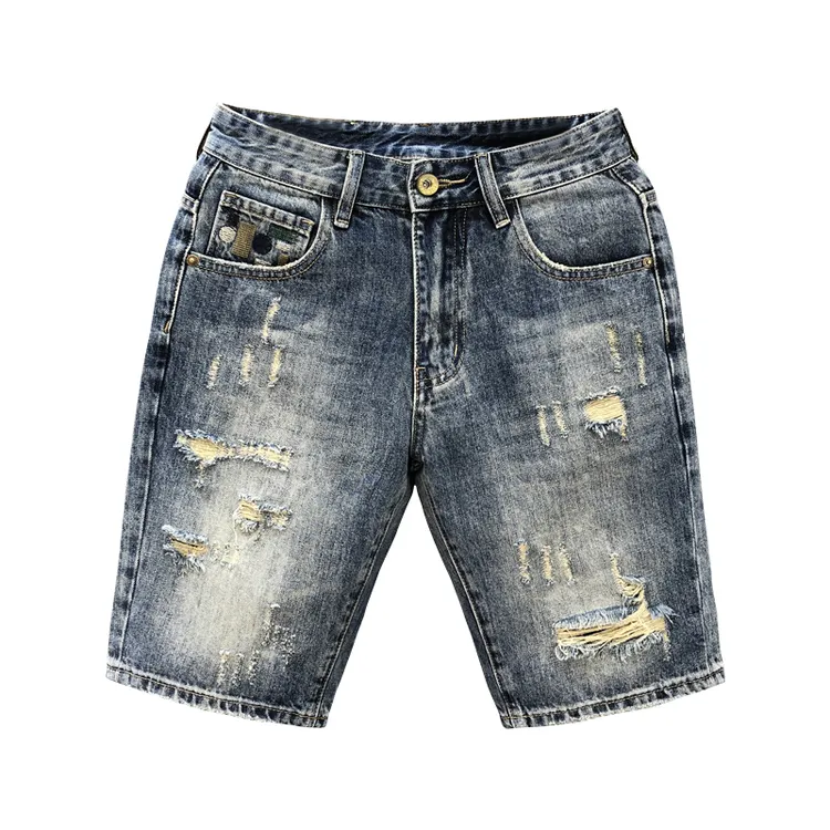 美式重磅破洞牛仔短裤男夏季新款潮流痞帅修身五分裤男士百搭中裤