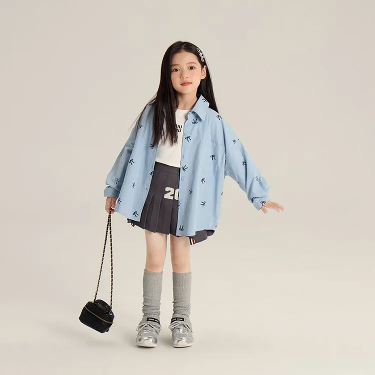 女童蓝色衬衫长袖春秋2025新款洋气时髦韩版秋装儿童衬衣外套秋季