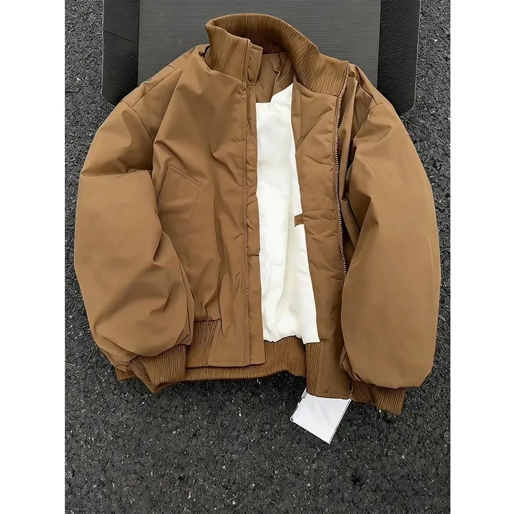 棕色美式立领飞行员夹克棉服男冬季穿搭美拉德短款外套加厚棒球服
