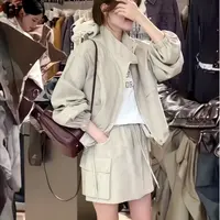 ZX414早秋2024新款立领抽绳工装夹克女短款春秋薄外套短裙两件套
