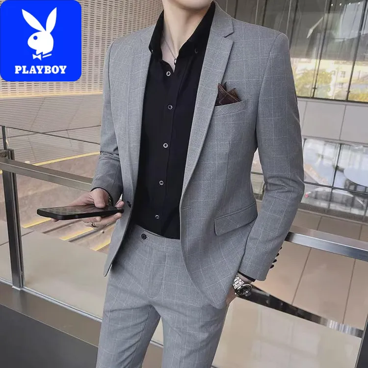 花花公子格子西服套装男士春秋季新款牌搭配帅气时尚休闲西装一套