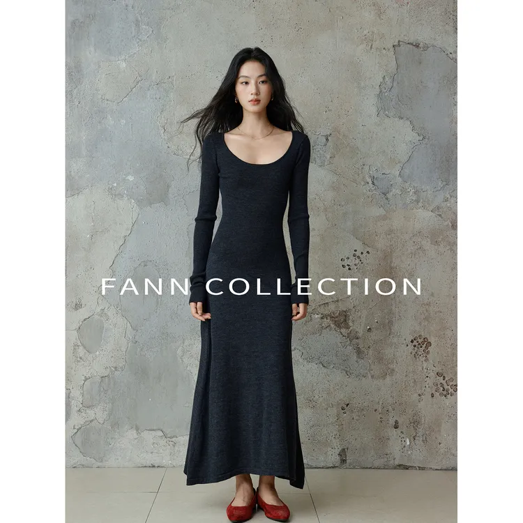 饭饭FANN COLLECTION 南风 羊毛针织长款圆领长袖连衣裙FANNC254