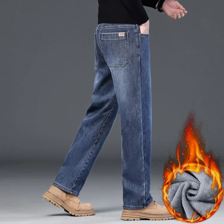 秋冬季加绒保暖牛仔裤裤子宽松直筒休闲高腰中年弹力男裤修身百搭