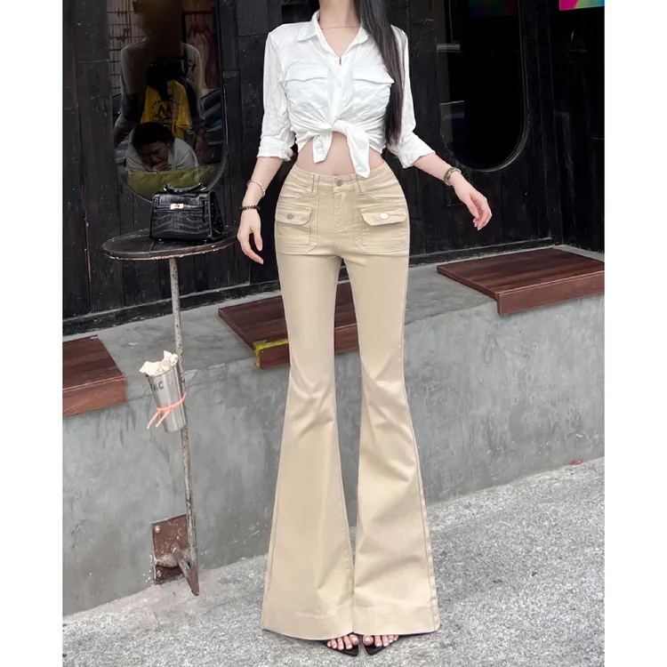 卡其色辣妹微喇牛仔裤女2025早秋新款显瘦显高弹力小个子喇叭裤