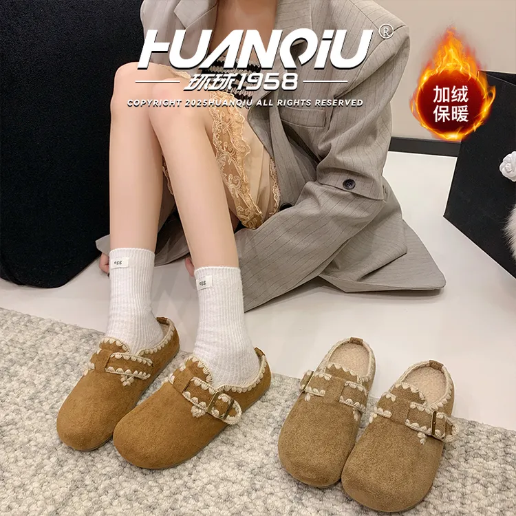 环球秋冬勃肯鞋女花边薄绒2025新款加绒加厚保暖时尚潮流百搭港风