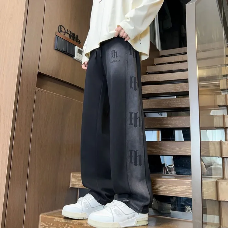 男生秋冬季新款加绒加厚水洗卫裤青少年学生潮流帅气休闲直筒长裤