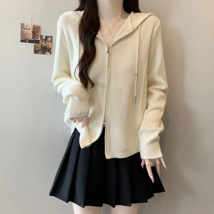 连帽双拉链软糯长袖针织开衫女2026新款大码胖mm宽松显瘦休闲上衣