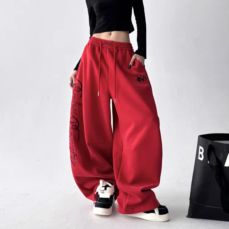 红色2025秋季新款韩版宽松显瘦百搭休闲裤女高腰直筒阔腿长裤子潮