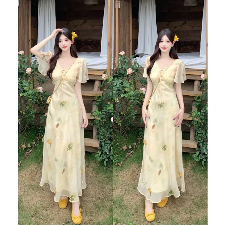 大码法式V领显瘦连衣裙气质温柔风碎花荷叶边短袖收腰系带长裙子
