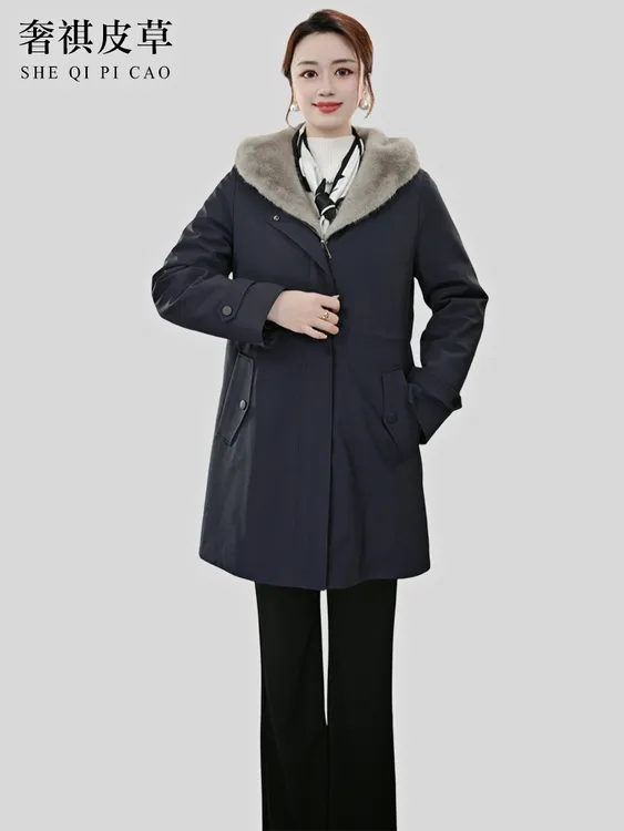 【奢祺服饰】短款冬季抽绳连帽款可拆卸貂绒内胆女士尼克服外套2801