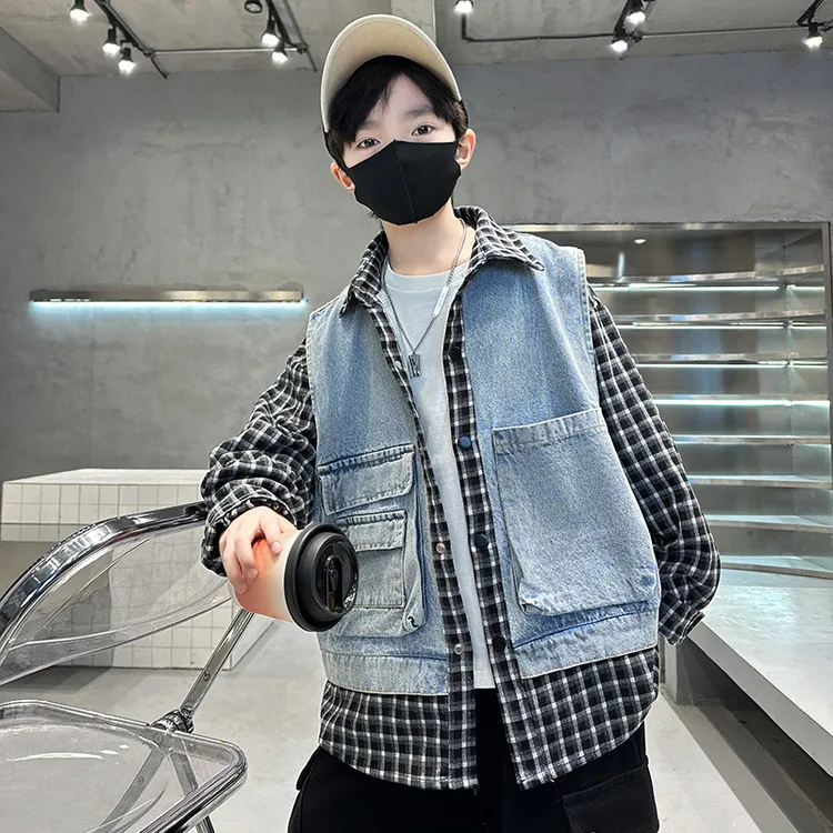 儿童装男童春装牛仔外套2025新款中大童春秋款男孩假两件春季衬衫