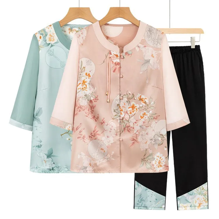 中老年人女妈妈夏装衣服老太太国风套装奶奶衬衫老年人薄款两件套